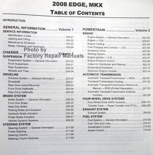 2008 Edge, MKX Workshop Manual Table of Contents 1