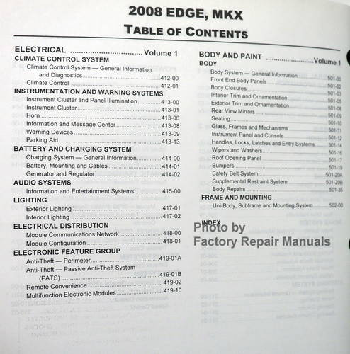 2008 Edge, MKX Workshop Manual Table of Contents 2