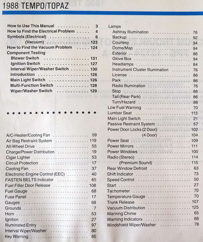 1988 Ford Tempo Mercury Topaz Electrical & Vacuum Troubleshooting Manual 