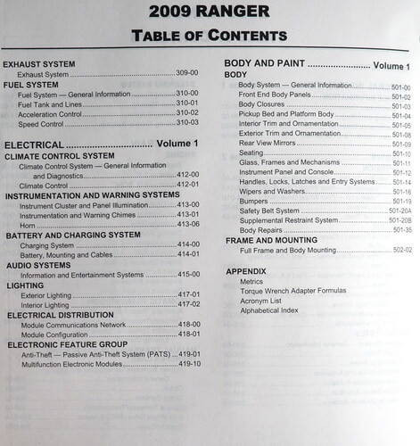 2009 Ford Ranger Workshop Manual Table of Contents 2