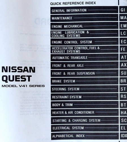 1999 Nissan Quest Service Manual Table of Contents