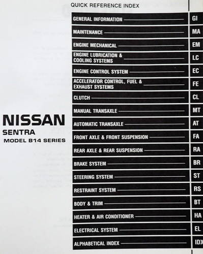 1999 Nissan Sentra 2.0L SR Engine Service Manual Table of Contents