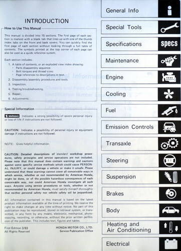 1983 Honda Prelude Service Manual Table of Contents