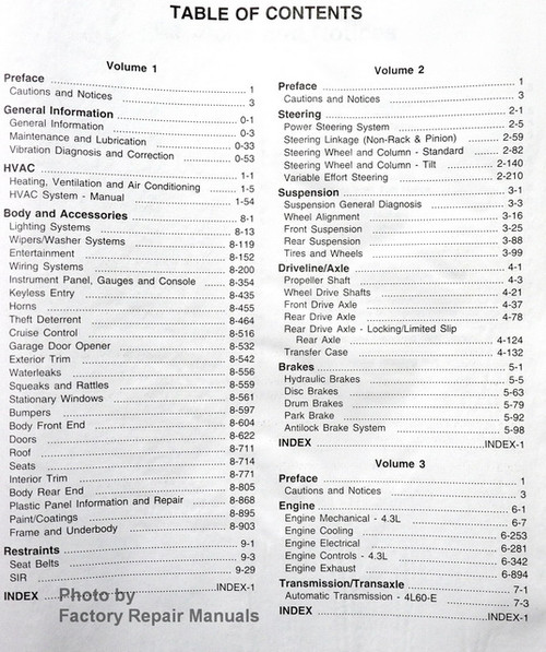 1998 M/L Van Service Manual Chevrolet GMC Table of Contents