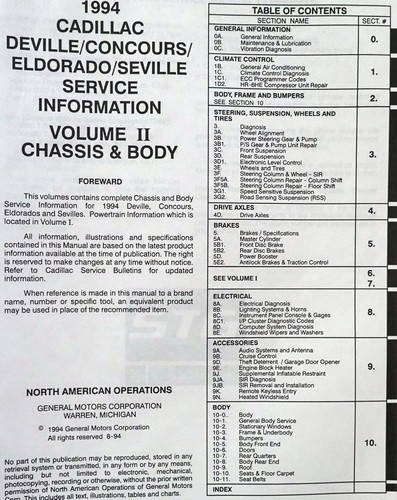 1994 Cadillac DeVille, Concours, Eldorado, Seville Service Manual Volume 1 Table of Contents