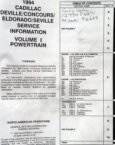 1994 Cadillac DeVille, Concours, Eldorado, Seville Service Manual Volume 2 Table of Contents