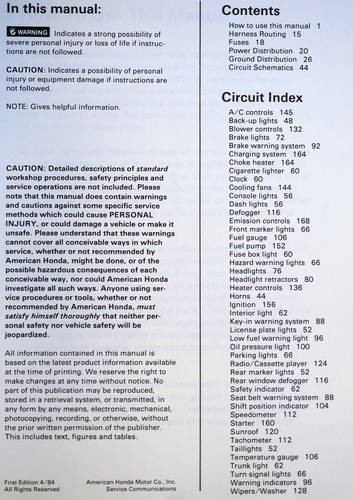 1983 Honda Prelude Electrical Troubleshooting Manual Table of Contents