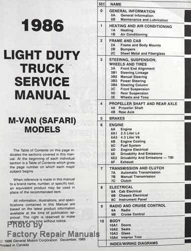 1986 GMC Safari Van Service Manual Table of Contents