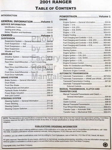 2001 Ford Ranger Workshop Manual Table of Contents 1