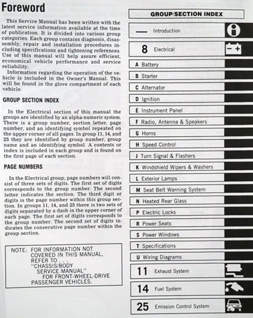 1985 Dodge Caravan Mini-Ram Plymouth Voyager Service Manual Volume 2 Table of Contents