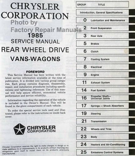 1985 Ram Van/Wagon Service Manual Table of Contents