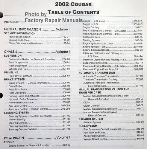 2002 Mercury Cougar Service Manual Table of Contents 1