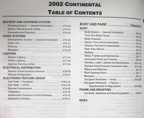 2002 Workshop Manual Continental Table of Contents 1