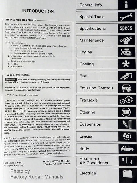 1986 Honda Accord Service Manual Table of Contents