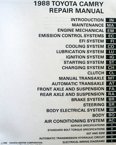 1988 Toyota Camry Repair Manual Table of Contents