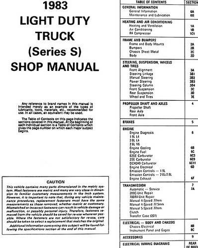 1983 GMC S-15 Pickup and Jimmy Service Manual Table of Contents