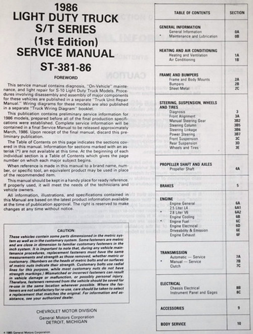 1986 Chevy S10 Light Duty Truck Service Manual Table of Contents 