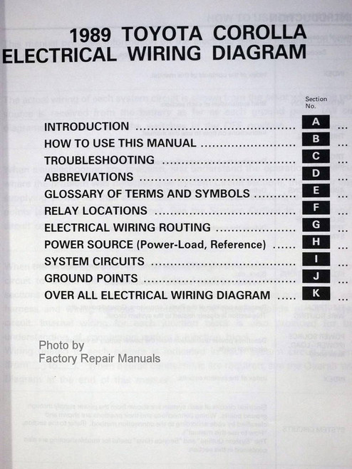 1989 Toyota Corolla Electrical Wiring Diagrams Table of Contents