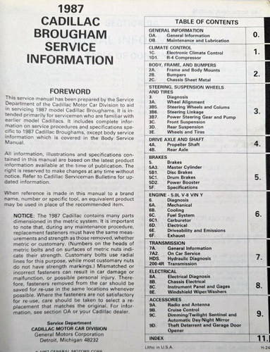 1987 Cadillac Brougham Service Information Manual 