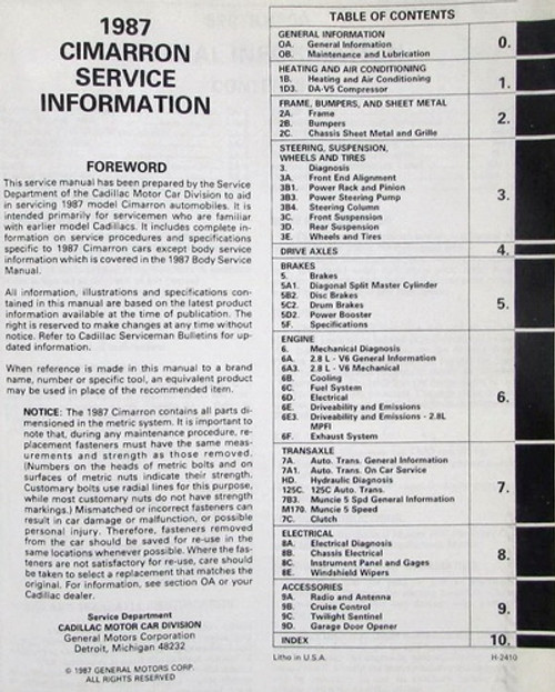 1987 Cadillac Cimarron Service Manual 1987 Cadillac Cimarron Service Manual