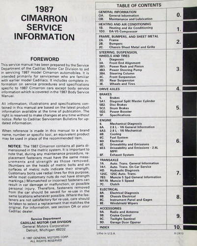 1987 Cadillac Cimarron Service Manual