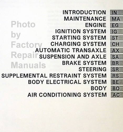 1996 Toyota Avalon Repair Manual Table of Contents