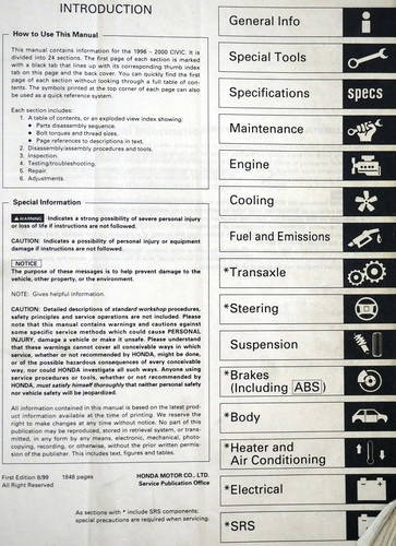 1996-2000 Honda Civic Service Manual Table of Contents