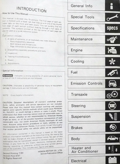 1984 Honda Accord Service Manual Table of Contents