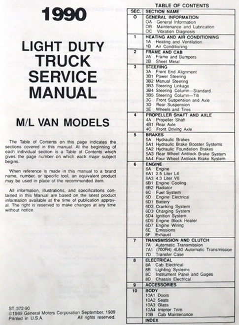 1990 Chevrolet Astro Van Service Manual Table of Contents