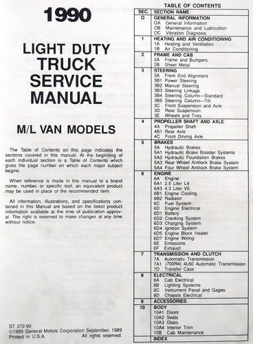 1990 Chevrolet Astro Van Service Manual Table of Contents