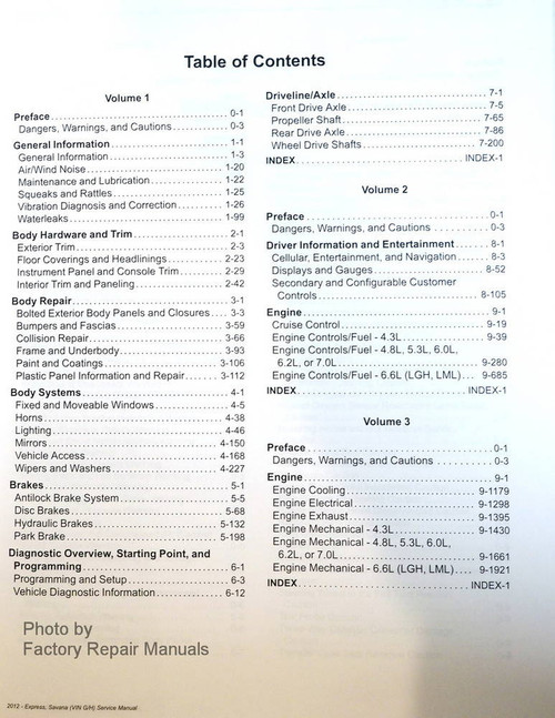 2012 Chevy Express & GMC Savana Van Table of Contents Page 1