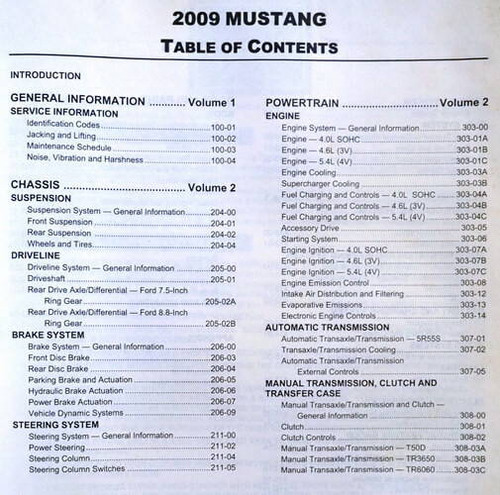 2009 Ford Mustang Workshop Manual Table of Contents 1