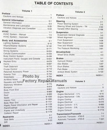 1998 W Platform Service Manual Buick Regal Century Table of Contents