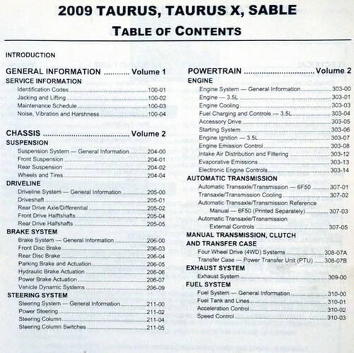 2009 Ford Taurus, Taurus X, Mercury Sable Workshop Manual Table of Contents 1