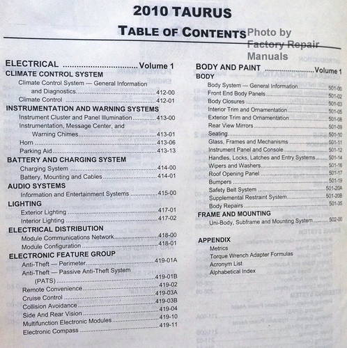 2010 Ford Taurus Workshop Manual Table of Contents 2