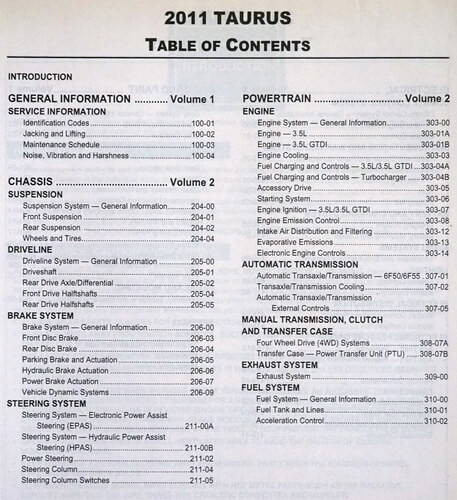 2011 Ford Taurus Workshop Manual Table of Contents 1