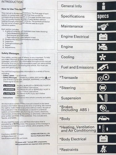 2003 2004 Honda Pilot Service Manual Table of Contents