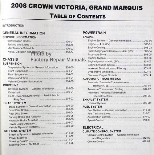 Ford Mercury 2008 Crown Victoria Grand Marquis Workshop Manual Table of Contents 1