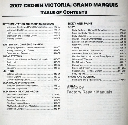 2007 Ford Crown Victoria, Mercury Grand Marquis Service Manual Table of Contents 2