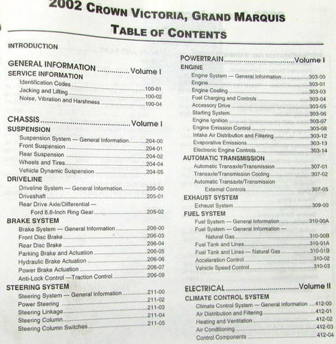2002 Ford Crown Victoria Grand Marquis Workshop Manual Table of Contents 1