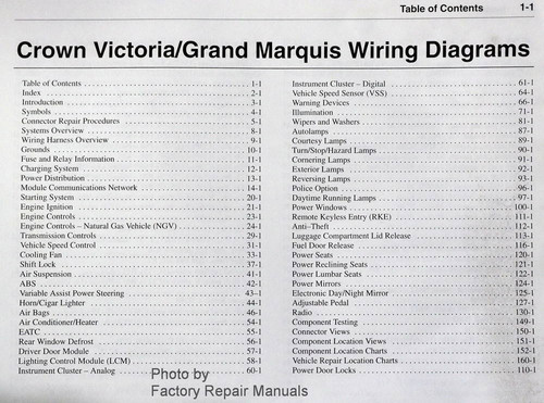 2002 Ford Crown Victoria Mercury Grand Marquis Wiring Diagrams Table of Contents