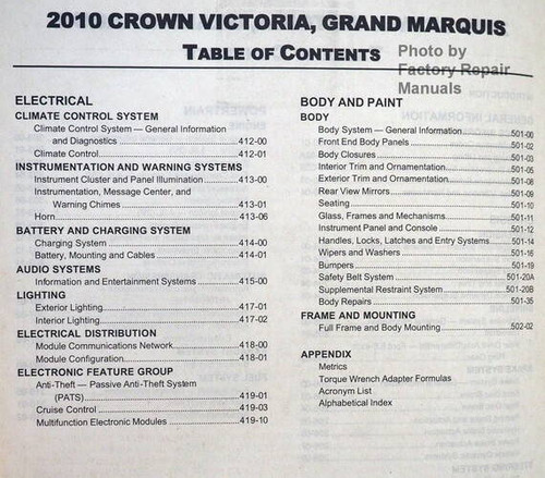 2010 Ford Mercury Crown Victoria, Grand Marquis Workshop Manual Table of Contents 2