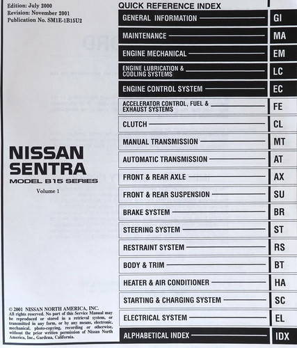 2001 Nissan Sentra Service Manual Table of Contents