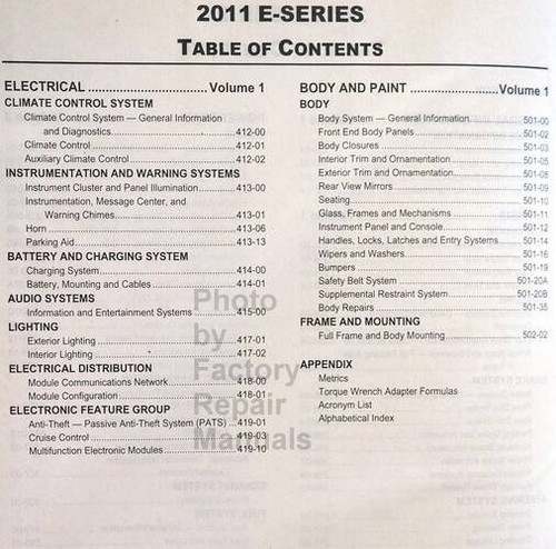 2011 Ford E-Series Workshop Manual Table of Contents 2