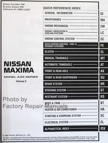 2000 Nissan Maxima Service Manual Late VINs Table of Contents 2
