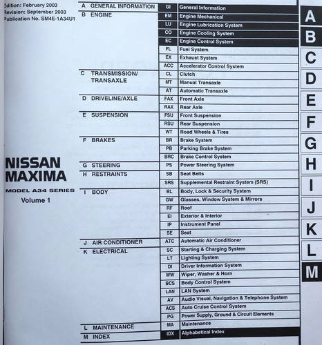 2004 Nissan Maxima Service Manual Table of Contents