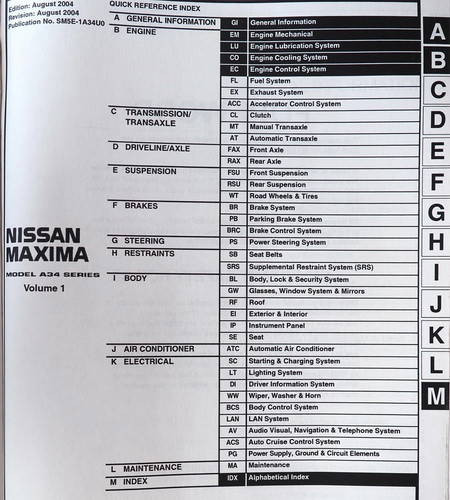 2005 Nissan Maxima Service Manual Table of Contents