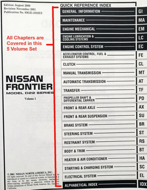 2001 Nissan Frontier Service Manual Volume 1, 2, 3, 4, 5