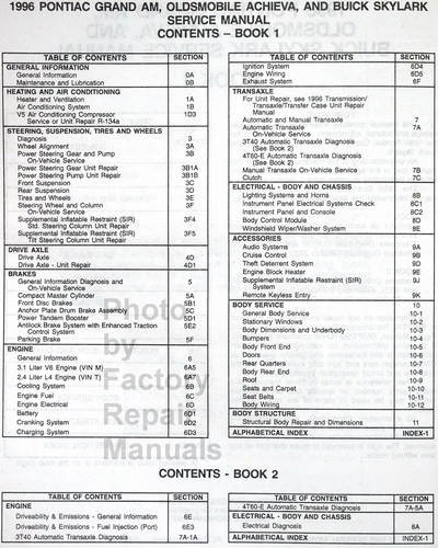 1996 GM N Platform Grand Am Achieva Skylark Service Manual Table of Contents
