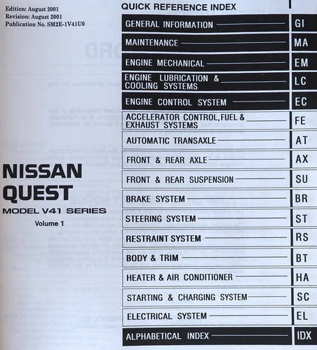 2001 Nissan Quest Service Manual Table of Contents